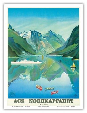 Norway Fjord Cruise Vintage Ocean Liner Travel Poster